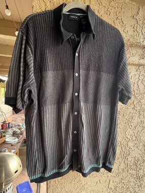 Vintage Liz Clayburne Men's Black Gray Button Down Knit Short Sleeve Shirt - XL